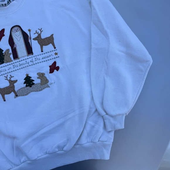 90s Valorie's Folk Art Applique Christmas White Festive Grandma Sweatshirt XL - Picture 5 of 9